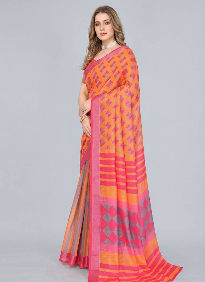 Yellow woven linen saree with blouse