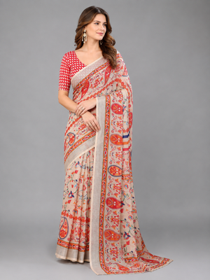 Cream woven linen saree with blouse 1