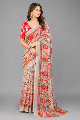 Cream woven linen saree with blouse