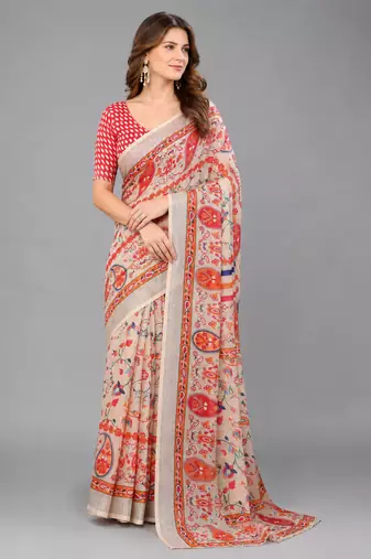 Cream woven linen saree with blouse