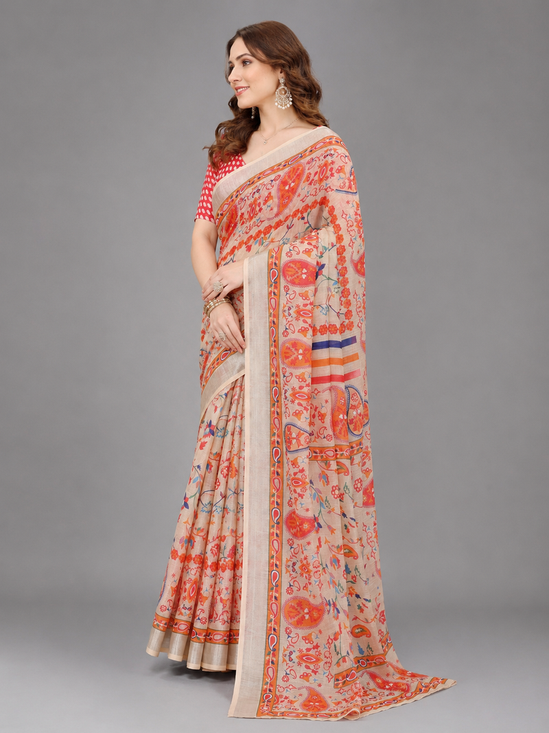 Cream woven linen saree with blouse