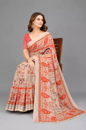 Cream woven linen saree with blouse
