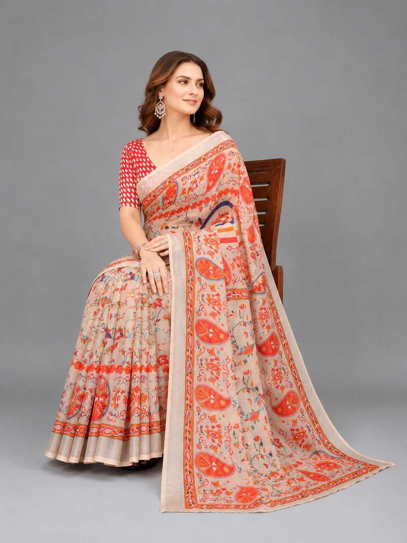 Cream woven linen saree with blouse