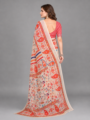 Cream woven linen saree with blouse 4