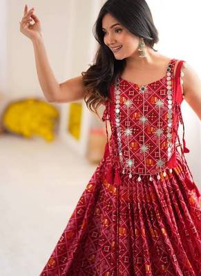 Red Patola Printed Rayon Navratri Lehenga Choli Set with Embroidered Mirror Work Koti Jacket  2