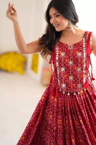 Red Patola Printed Rayon Navratri Lehenga Choli Set with Embroidered Mirror Work Koti Jacket 