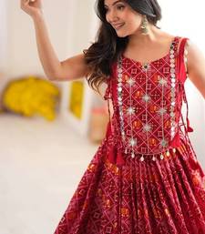 Red Patola Printed Rayon Navratri Lehenga Choli Set with Embroidered Mirror Work Koti Jacket 