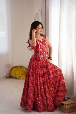 Red Patola Printed Rayon Navratri Lehenga Choli Set with Embroidered Mirror Work Koti Jacket  1