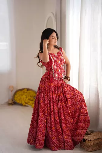 Red Patola Printed Rayon Navratri Lehenga Choli Set with Embroidered Mirror Work Koti Jacket 