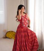 Red Patola Printed Rayon Navratri Lehenga Choli Set with Embroidered Mirror Work Koti Jacket 