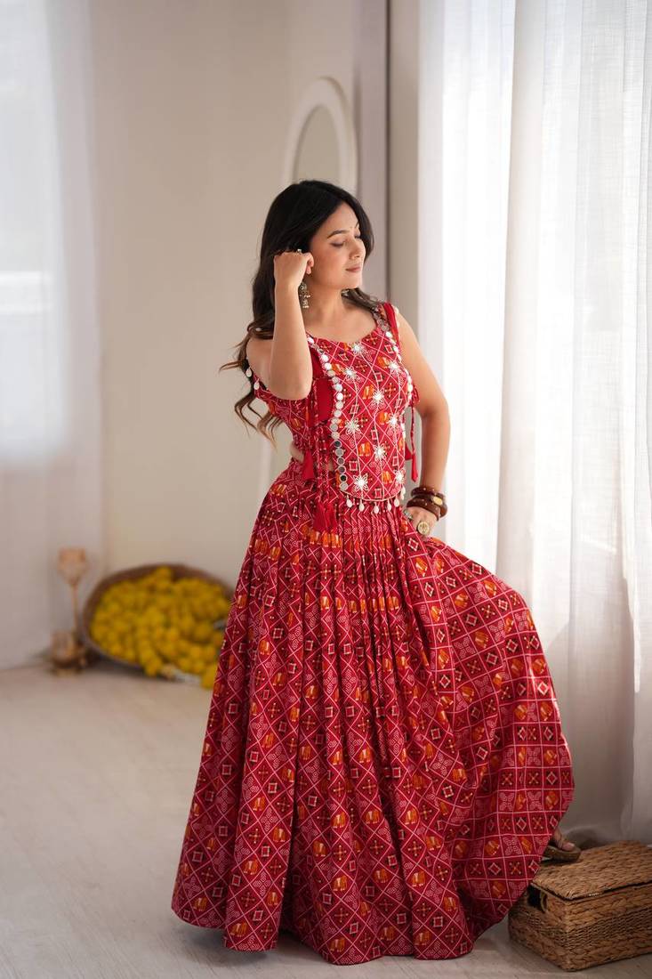 Red Patola Printed Rayon Navratri Lehenga Choli Set with Embroidered Mirror Work Koti Jacket 