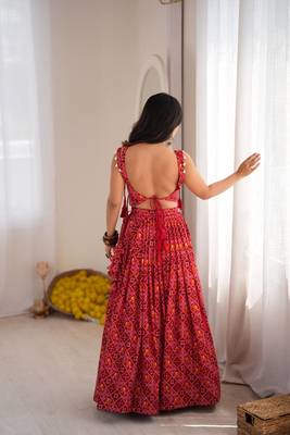 Red Patola Printed Rayon Navratri Lehenga Choli Set with Embroidered Mirror Work Koti Jacket  4