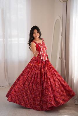 Red Patola Printed Rayon Navratri Lehenga Choli Set with Embroidered Mirror Work Koti Jacket  5