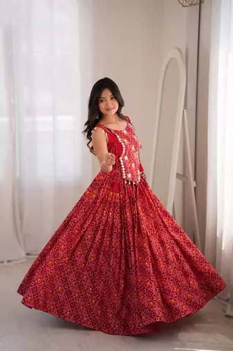 Red Patola Printed Rayon Navratri Lehenga Choli Set with Embroidered Mirror Work Koti Jacket 
