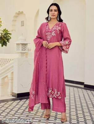 Pink cotton embroidered straight kurta set for women with pant and dupatta 1