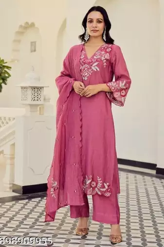 Pink cotton embroidered straight kurta set for women with pant and dupatta