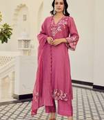 Pink cotton embroidered straight kurta set for women with pant and dupatta