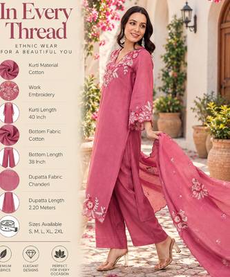 Pink cotton embroidered straight kurta set for women with pant and dupatta 2