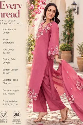 Pink cotton embroidered straight kurta set for women with pant and dupatta