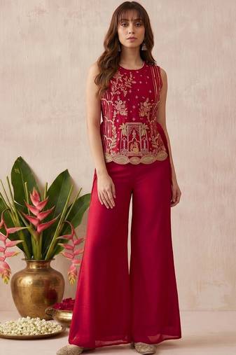 Women's silk blend red embroidered kurti set with palazzo