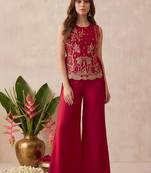 Women's silk blend red embroidered kurti set with palazzo