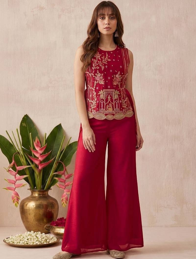 Women's silk blend red embroidered kurti set with palazzo