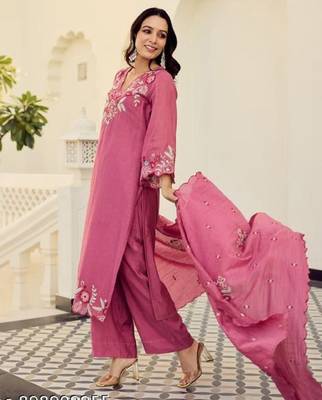 Pink cotton embroidered straight kurta set for women with pant and dupatta 3