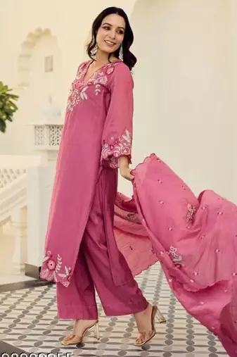 Pink cotton embroidered straight kurta set for women with pant and dupatta