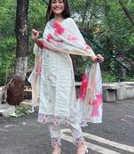 White chanderi embroidered straight kurta set for women with dupatta and pant
