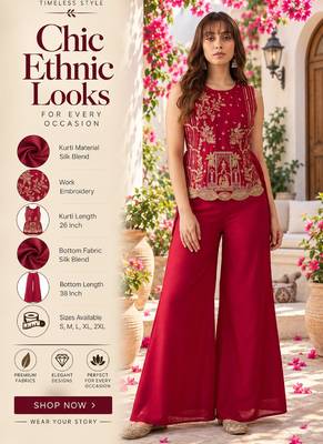 Women's silk blend red embroidered kurti set with palazzo 2