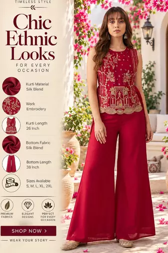 Women's silk blend red embroidered kurti set with palazzo