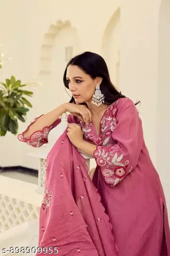 Pink cotton embroidered straight kurta set for women with pant and dupatta