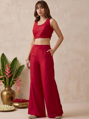 Women's silk blend red embroidered kurti set with palazzo 3