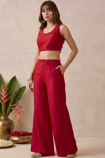 Women's silk blend red embroidered kurti set with palazzo