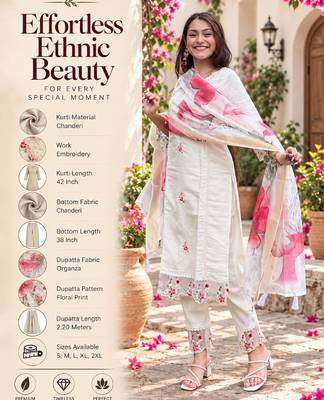 White chanderi embroidered straight kurta set for women with dupatta and pant 2