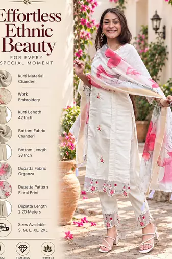 White chanderi embroidered straight kurta set for women with dupatta and pant