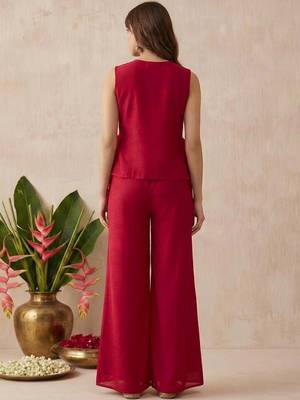 Women's silk blend red embroidered kurti set with palazzo 4