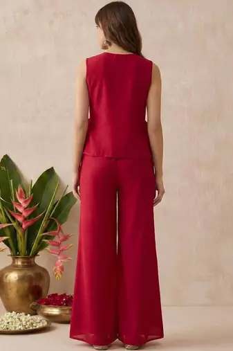 Women's silk blend red embroidered kurti set with palazzo