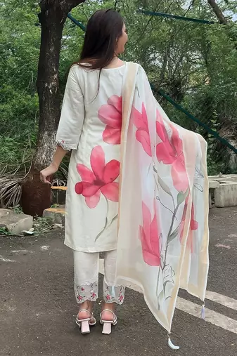 White chanderi embroidered straight kurta set for women with dupatta and pant