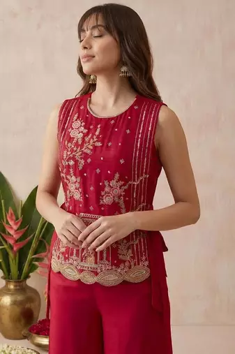 Women's silk blend red embroidered kurti set with palazzo