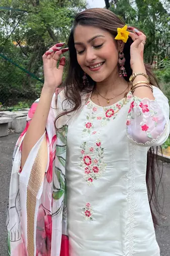 White chanderi embroidered straight kurta set for women with dupatta and pant