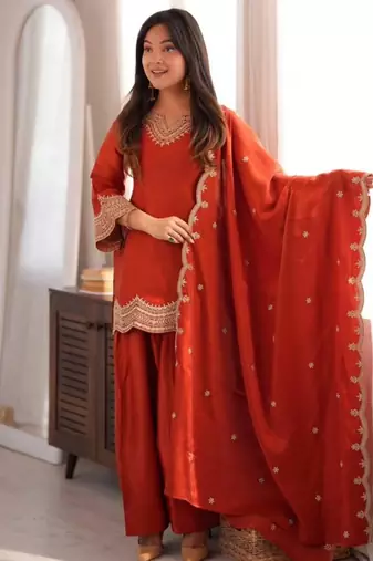 Orange silk blend straight embroidered kurta set for women with dupatta and pant