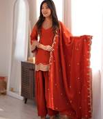 Orange silk blend straight embroidered kurta set for women with dupatta and pant