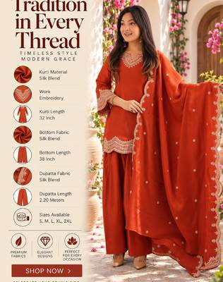 Orange silk blend straight embroidered kurta set for women with dupatta and pant 2