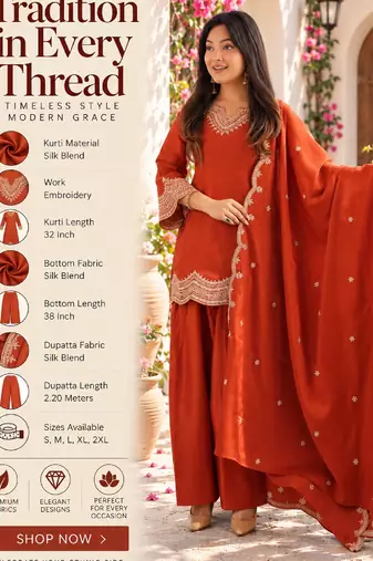 Orange silk blend straight embroidered kurta set for women with dupatta and pant