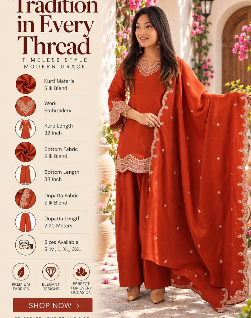 Orange silk blend straight embroidered kurta set for women with dupatta and pant