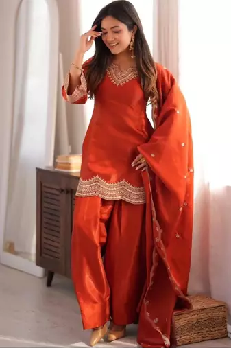 Orange silk blend straight embroidered kurta set for women with dupatta and pant
