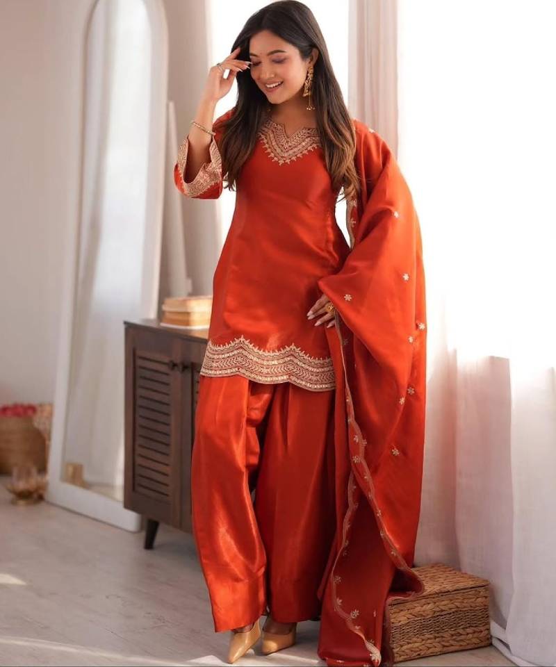 Orange silk blend straight embroidered kurta set for women with dupatta and pant