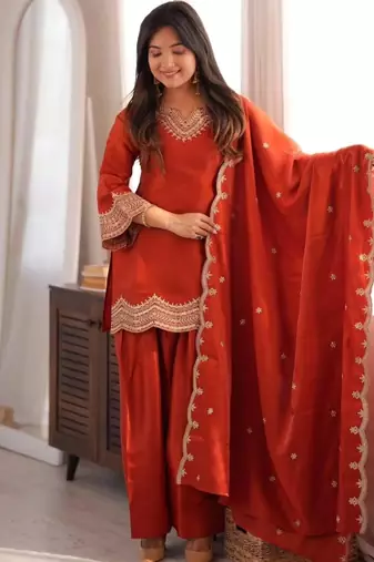 Orange silk blend straight embroidered kurta set for women with dupatta and pant