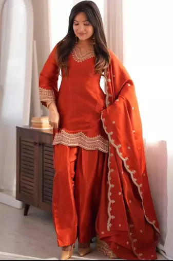 Orange silk blend straight embroidered kurta set for women with dupatta and pant